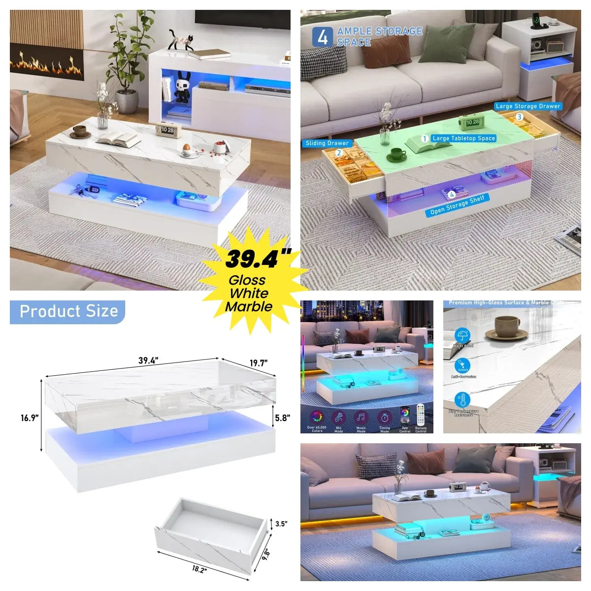 LED Coffee Table with 2 Storage Drawers, Modern High Gloss White Coffee Table LED Lights, 2 Tiers Rectangle Center Table for Living Room with Marbling Print