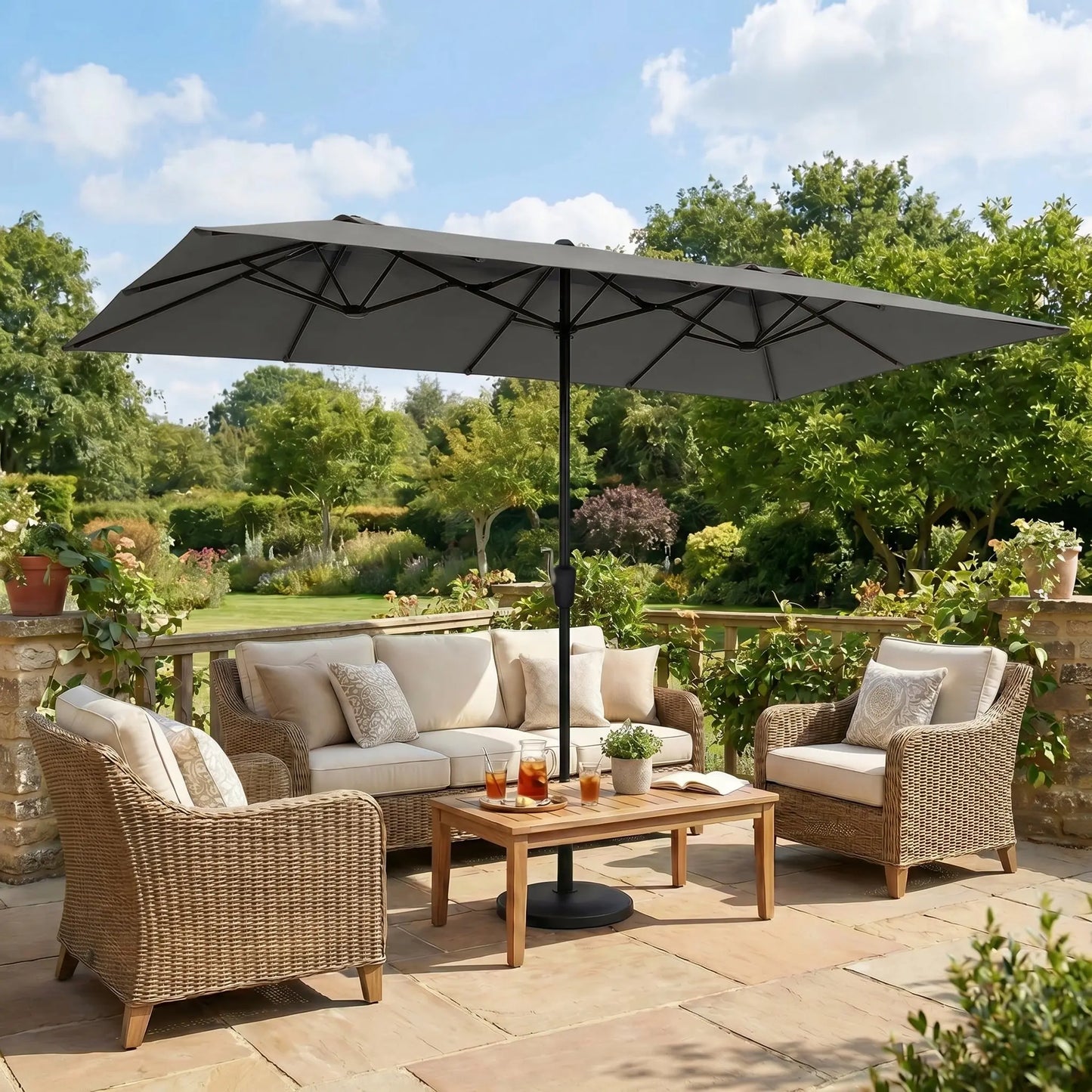 15 FT Large Patio Umbrella with Solar LED Light, Double Sided Rectangle Umbrella with Crank Handle for Patio, Backyard, Garden, Pool, without Base