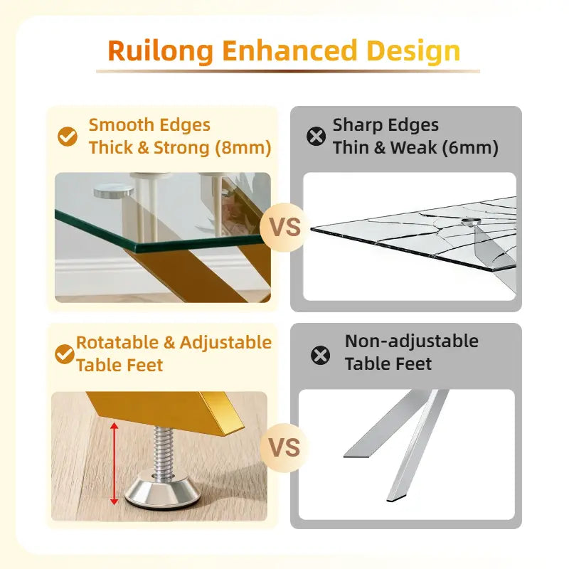 51.18 Inch Rectangular Glass Dining Table for 4-6,Modern Kitchen Table with Golden Metal Legs & Adjustable Feets,Easy Assembly Dinner Table Support 320 Lbs,Dining Table Set of 4,Stylish Durable Design for Dining Room,Apartment Furniture （Only Table）