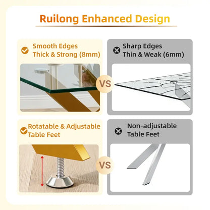 51.18 Inch Rectangular Glass Dining Table for 4-6,Modern Kitchen Table with Golden Metal Legs & Adjustable Feets,Easy Assembly Dinner Table Support 320 Lbs,Dining Table Set of 4,Stylish Durable Design for Dining Room,Apartment Furniture （Only Table）