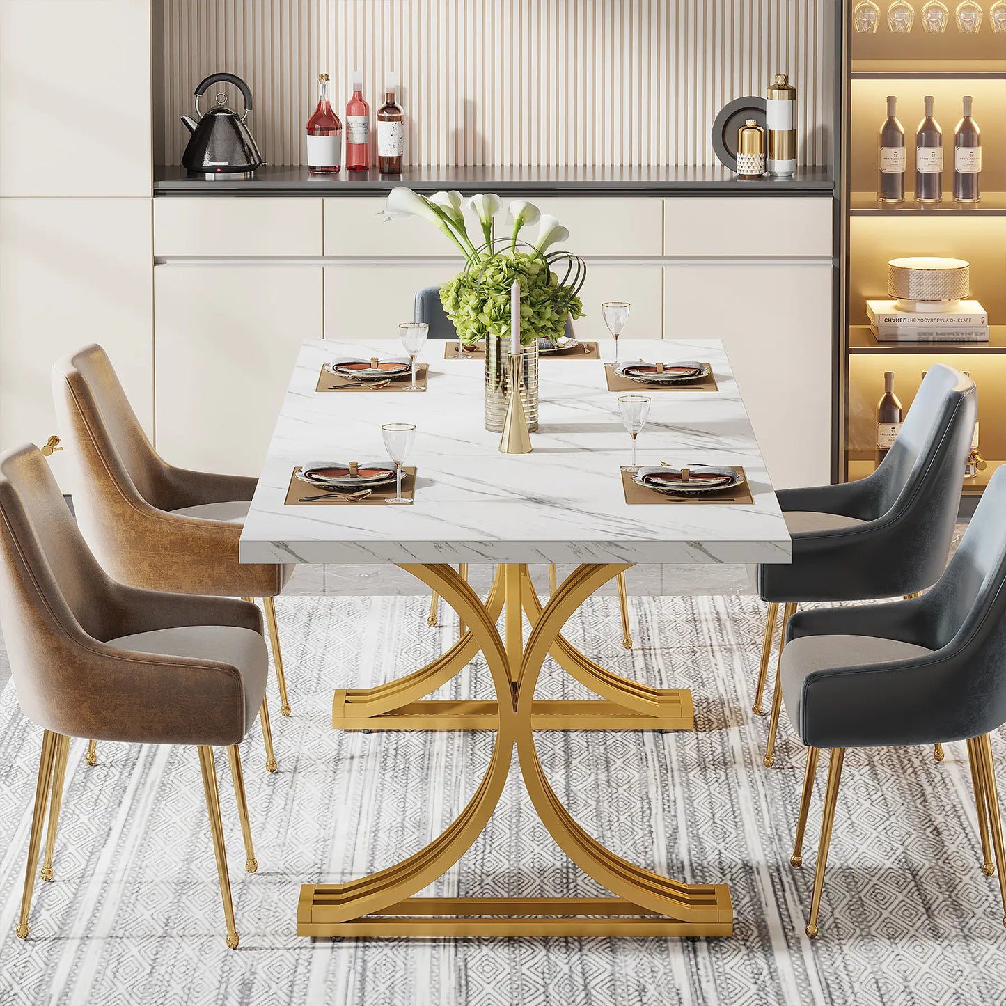 Tribesigns 63-Inch Rectangular Dining Table for 4 to 6, Modern Kitchen Table with Stylish Metal Trestle Legs, Large Dinner Table for Dining Room, Chair Not Included (White+Gold)