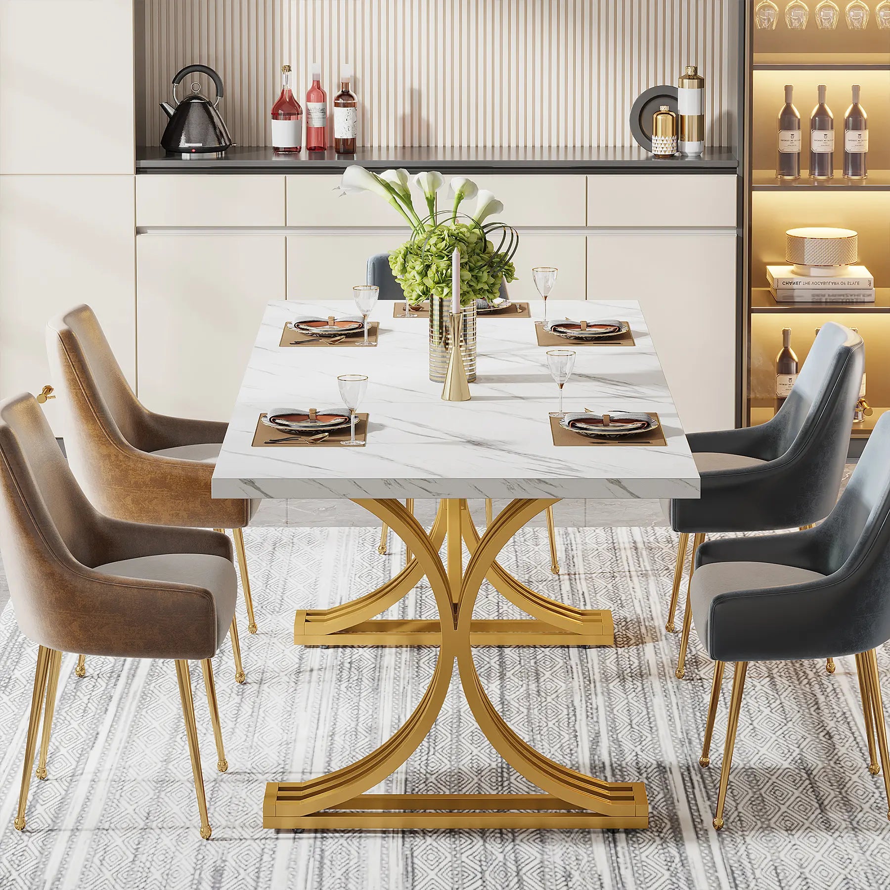 Tribesigns 63-Inch Rectangular Dining Table for 4 to 6, Modern Kitchen Table with Stylish Metal Trestle Legs, Large Dinner Table for Dining Room, Chair Not Included (White+Gold)