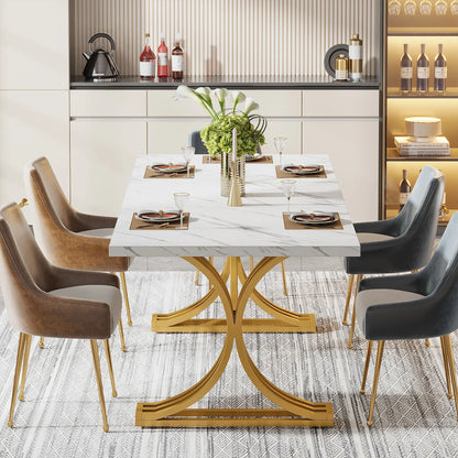 Tribesigns 63-Inch Rectangular Dining Table for 4 to 6, Modern Kitchen Table with Stylish Metal Trestle Legs, Large Dinner Table for Dining Room, Chair Not Included (White+Gold)