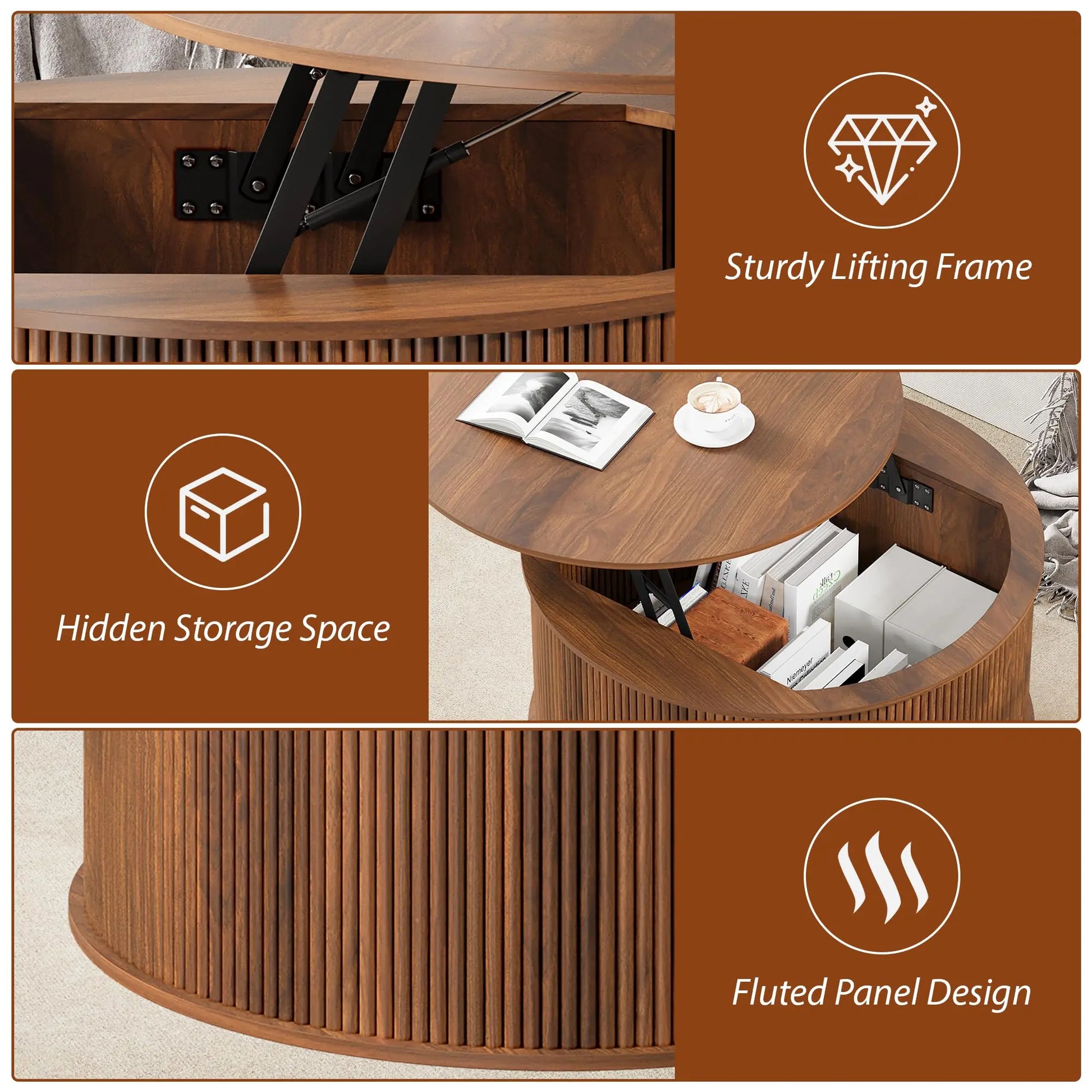 Giratree 31.58" round Coffee Table, Lift Top Coffee Table with Storage, Farmhouse Fluted Center Table Circle Dining Table for Living Room, Reception Room, Home Office