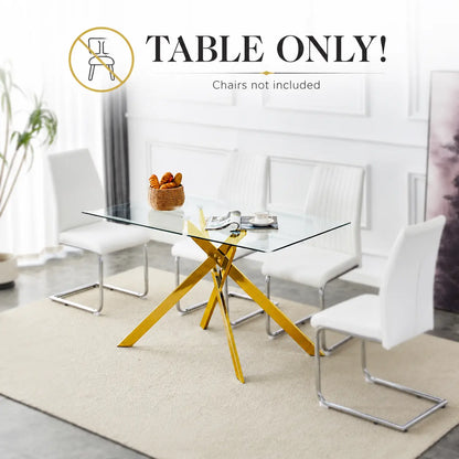 51.18 Inch Rectangular Glass Dining Table for 4-6,Modern Kitchen Table with Golden Metal Legs & Adjustable Feets,Easy Assembly Dinner Table Support 320 Lbs,Dining Table Set of 4,Stylish Durable Design for Dining Room,Apartment Furniture （Only Table）