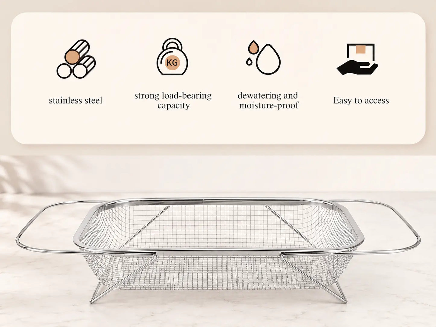 Stainless Steel Over-The-Sink Colander Strainer Basket, Expandable Rectangle Fine Mesh Kitchen Utensils with Handles, Silver Kitchen Essential