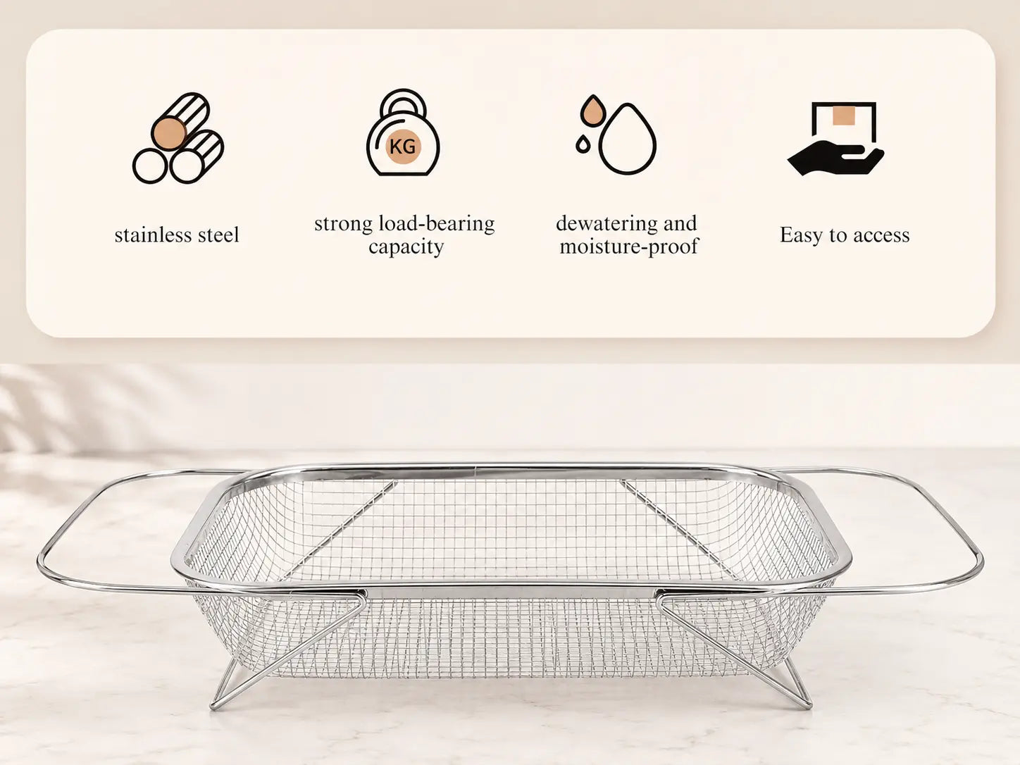 Stainless Steel Over-The-Sink Colander Strainer Basket, Expandable Rectangle Fine Mesh Kitchen Utensils with Handles, Silver Kitchen Essential