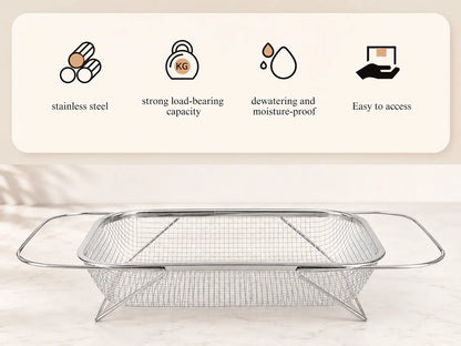 Stainless Steel Over-The-Sink Colander Strainer Basket, Expandable Rectangle Fine Mesh Kitchen Utensils with Handles, Silver Kitchen Essential