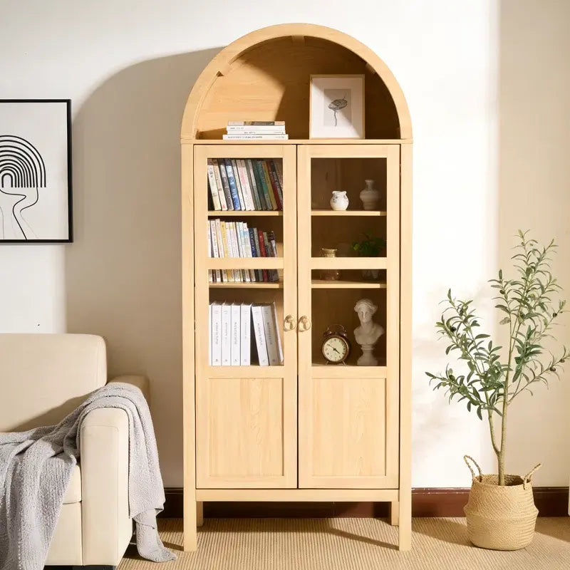 High Arched Modern Curio Cabinet with Two Drawers – 4-Tier Storage & Display Bookcase with Glass Doors for Living Room