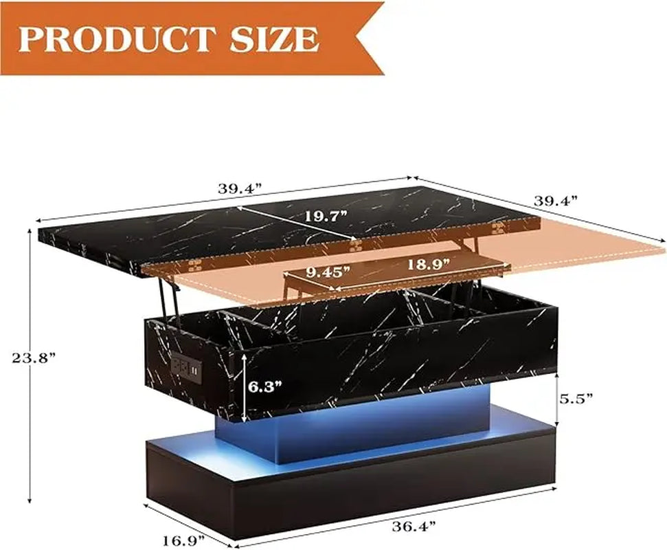 LED Lift Top Coffee Table with Charging Station, Modern High Glossy Coffee Table with LED Light, 3 in 1 Multifunctional Coffee Table with Storage & Hidden Compartments for Living Room,Furniture Marble Tabletop Adjustable Coffee Table