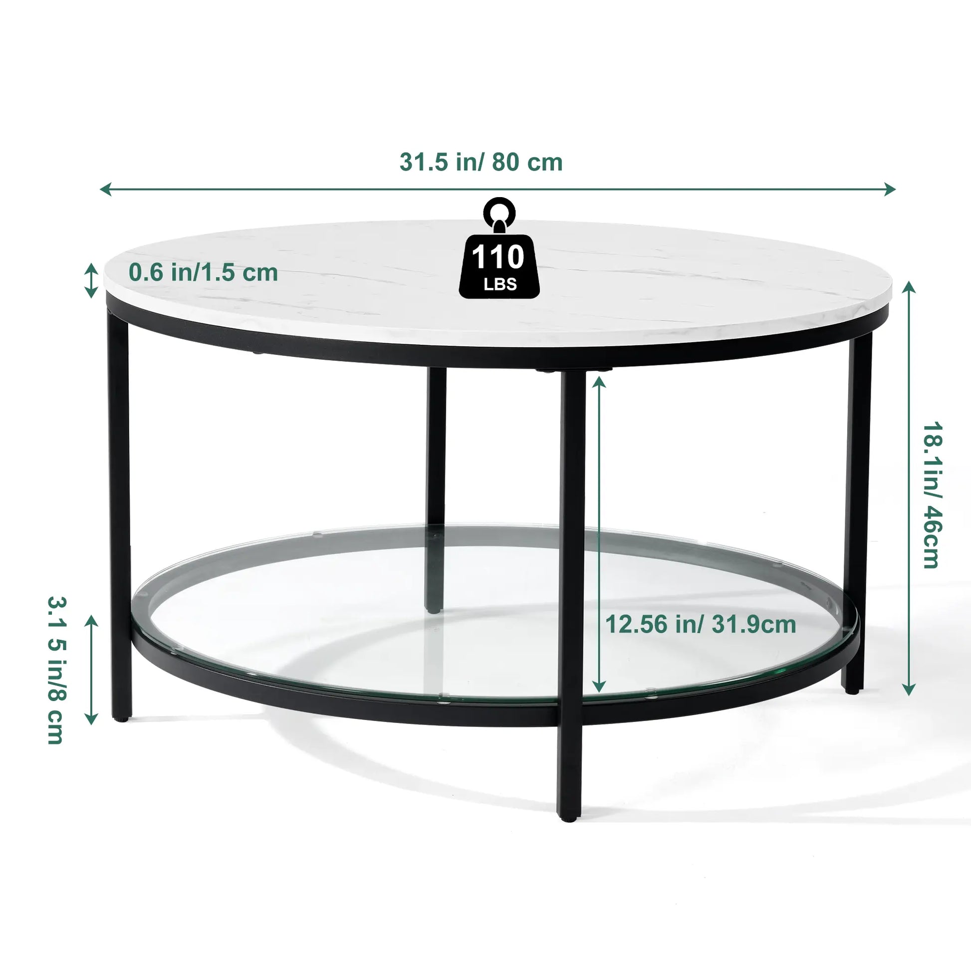 Marble round Coffee Table with Glass for Living Room, 2-Tier Circle Coffee Table with Storage Clear Coffee Table