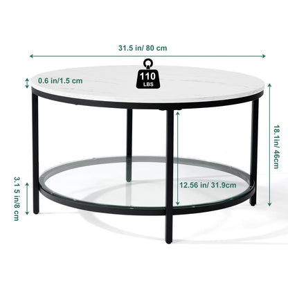 Marble round Coffee Table with Glass for Living Room, 2-Tier Circle Coffee Table with Storage Clear Coffee Table