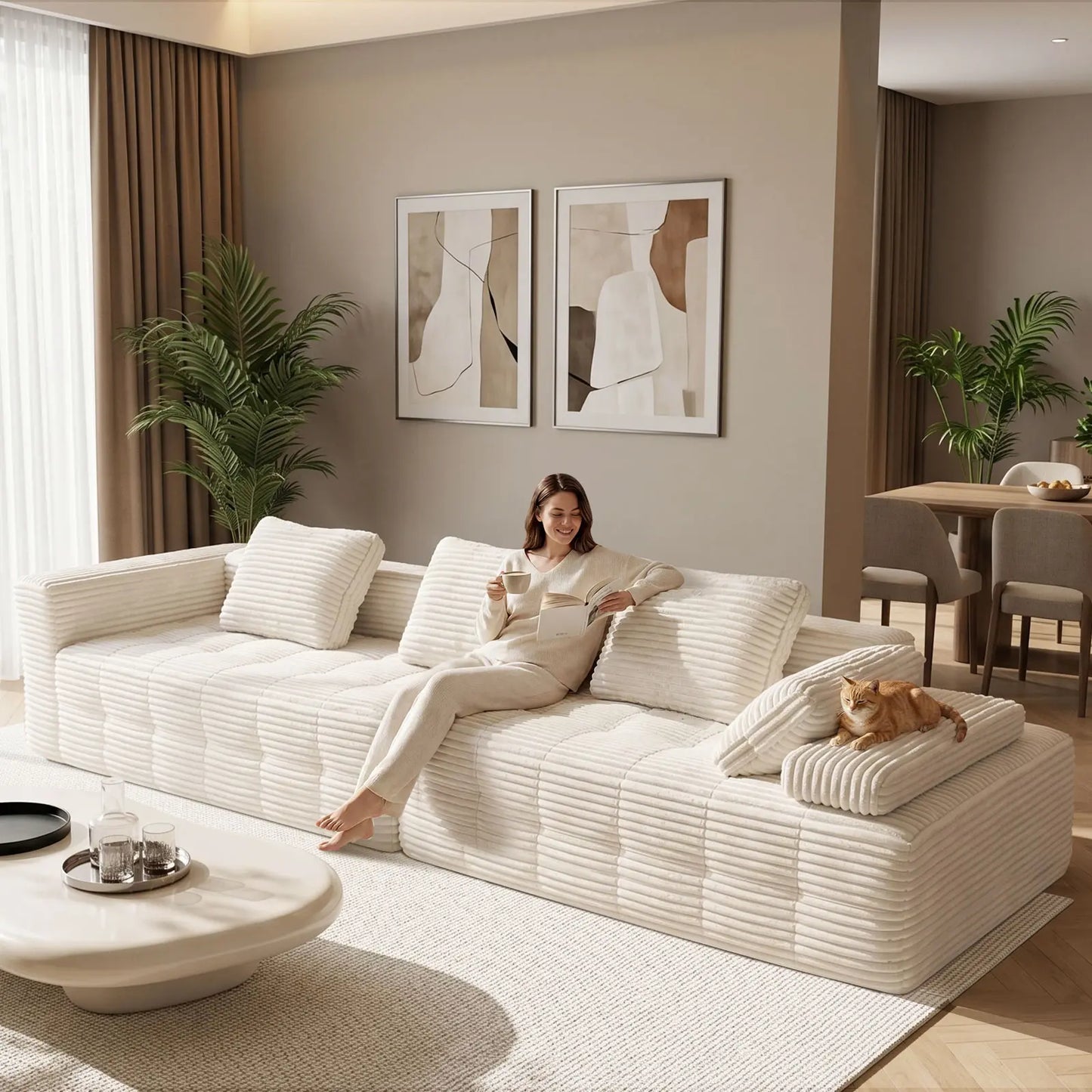 【2 Packages Shipping】Oversized Corduroy Cloud Modular Sectional Sofa, Vacuum Compressed Pet Friendly Boneless Cloud Couch, Cozy Comfy Loveseat Sofa, Ideal for Living Room & Small Apartment, Free Gifts Included, Summer Vibe Home Furniture