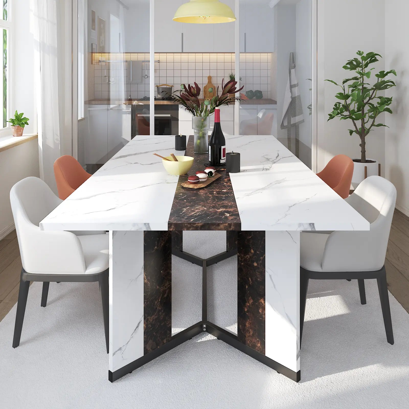 94In/78In/71In Large Rectangular Brown Dining Table for 4 5 6 7 8 People W/35 Marble-Color Wood Watrproof Tabletop,Adjustable Leg.6Ft Luxurious Family Dinner Table for Office Kitchen Living Room (Not Included Chair)