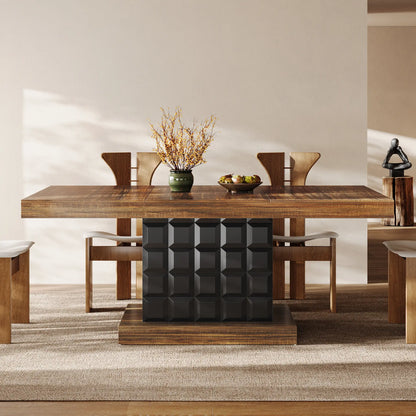 LITTLE TREE 63'' Dining Table for 4-6, Farmhouse Wooden Rectangular Dinner Table with Geometric Relief, Pedestal Base