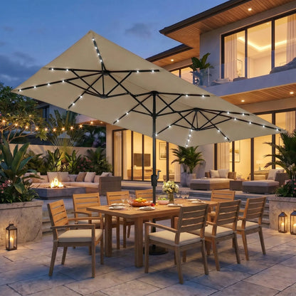 15 FT Large Patio Umbrella with Solar LED Light, Double Sided Rectangle Umbrella with Crank Handle for Patio, Backyard, Garden, Pool, without Base
