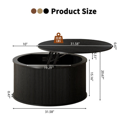 Giratree 31.58" round Coffee Table, Lift Top Coffee Table with Storage, Farmhouse Fluted Center Table Circle Dining Table for Living Room, Reception Room, Home Office