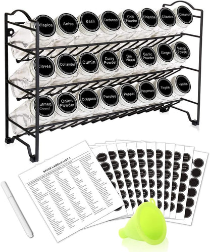 Spice Rack Organizer with 24 Empty Glass Spice Jars, 396 Spice Labels with Chalk Marker and Funnel Complete Set, for Countertop, Cabinet or Wall Mount, Black