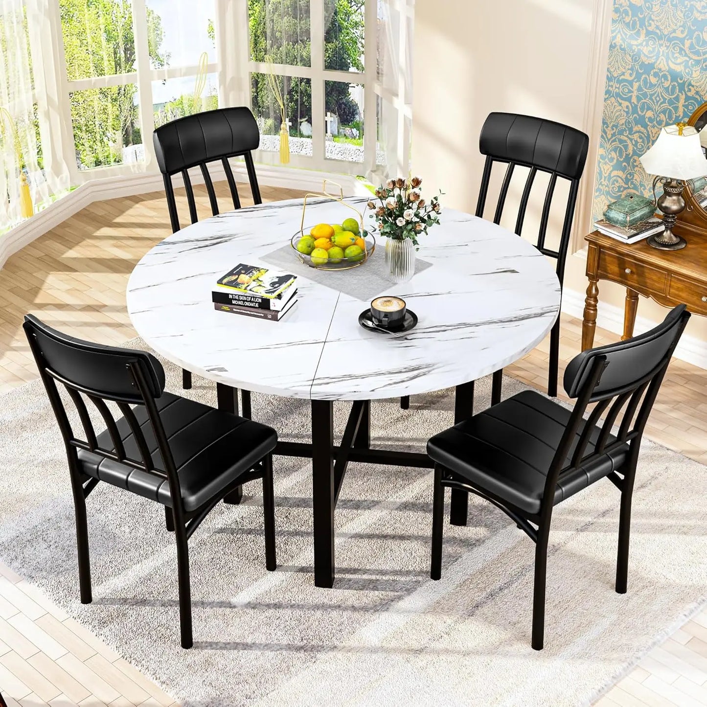 AWQM round Dining Table Set for 4,Faux Marble Circle Dining Table Set with Chairs,Modern Kitchen Table and Chairs Set for 4,Round Dinner Table & Chair Set for Small Space,White