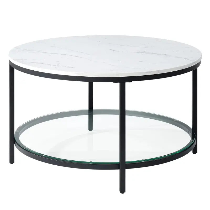 Marble round Coffee Table with Glass for Living Room, 2-Tier Circle Coffee Table with Storage Clear Coffee Table