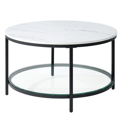Marble round Coffee Table with Glass for Living Room, 2-Tier Circle Coffee Table with Storage Clear Coffee Table