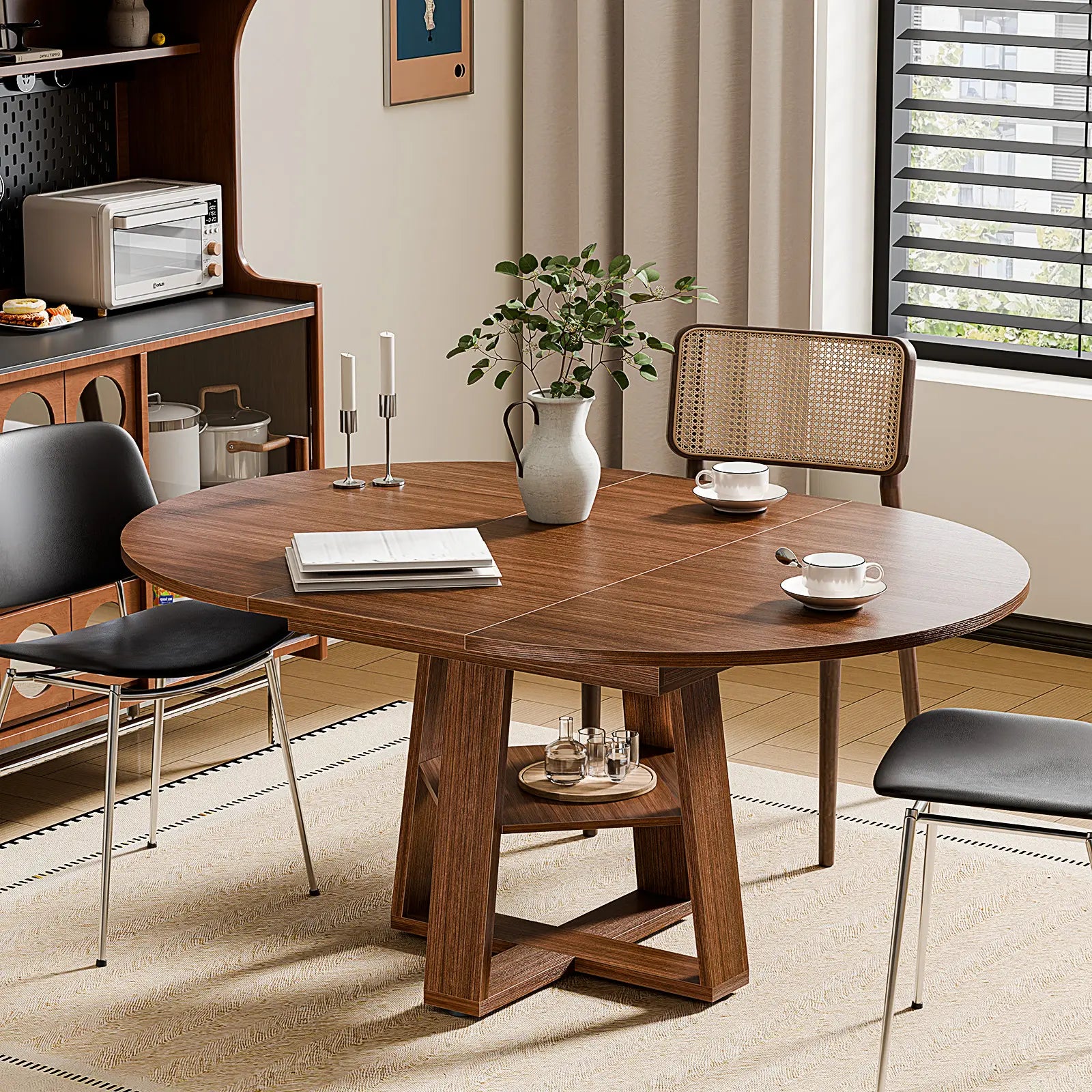 Extendable round Dining Table for 4-6, Modern Kitchen Oval Dinner Table with Storage Shelf, Wood Pedestal Table, Space Saving Modern Style