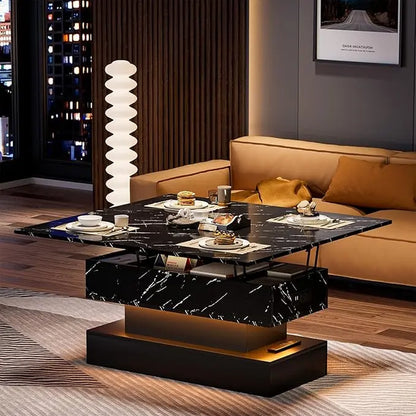 LED Lift Top Coffee Table with Charging Station, Modern High Glossy Coffee Table with LED Light, 3 in 1 Multifunctional Coffee Table with Storage & Hidden Compartments for Living Room,Furniture Marble Tabletop Adjustable Coffee Table