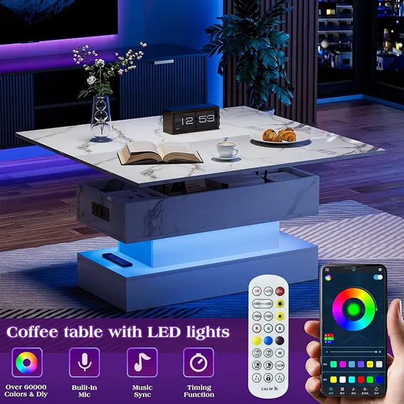 LED Lift Top Coffee Table with Charging Station, Modern High Glossy Coffee Table with LED Light, 3 in 1 Multifunctional Coffee Table with Storage & Hidden Compartments for Living Room,Furniture Marble Tabletop Adjustable Coffee Table