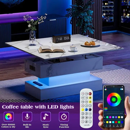 LED Lift Top Coffee Table with Charging Station, Modern High Glossy Coffee Table with LED Light, 3 in 1 Multifunctional Coffee Table with Storage & Hidden Compartments for Living Room,Furniture Marble Tabletop Adjustable Coffee Table