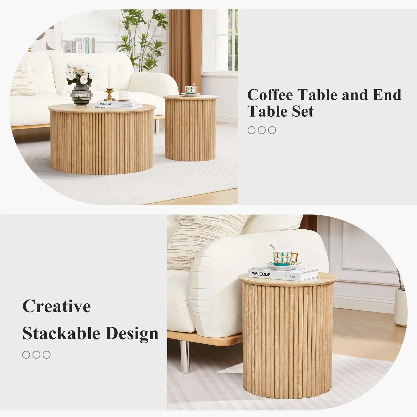 Giratree Fluted round Nesting Coffee Table Set of 2, Mid Century Modern Wood Coffee Tables and End Table Set, Circle Side Table Minimalist Center Tables for Living Room, Office