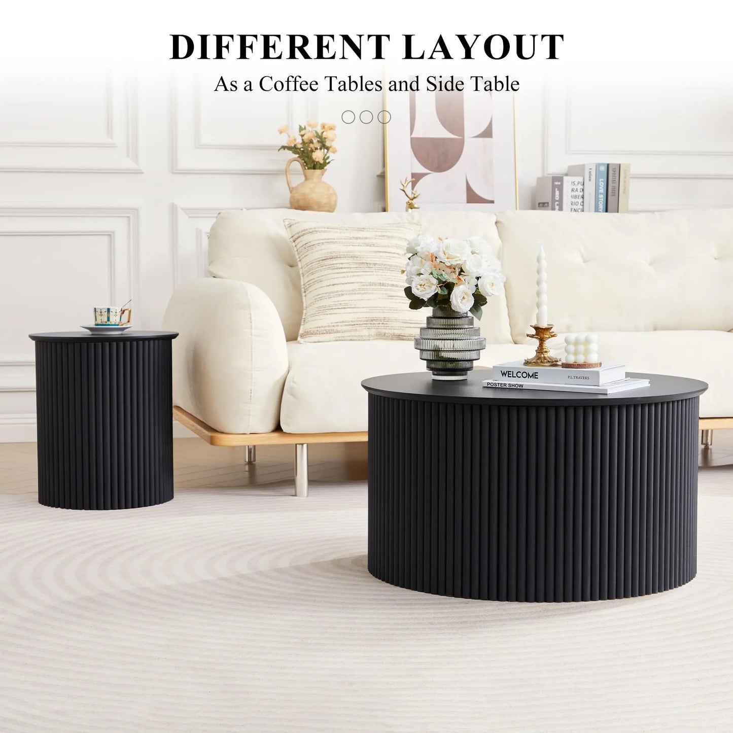 Giratree Fluted round Nesting Coffee Table Set of 2, Mid Century Modern Wood Coffee Tables and End Table Set, Circle Side Table Minimalist Center Tables for Living Room, Office