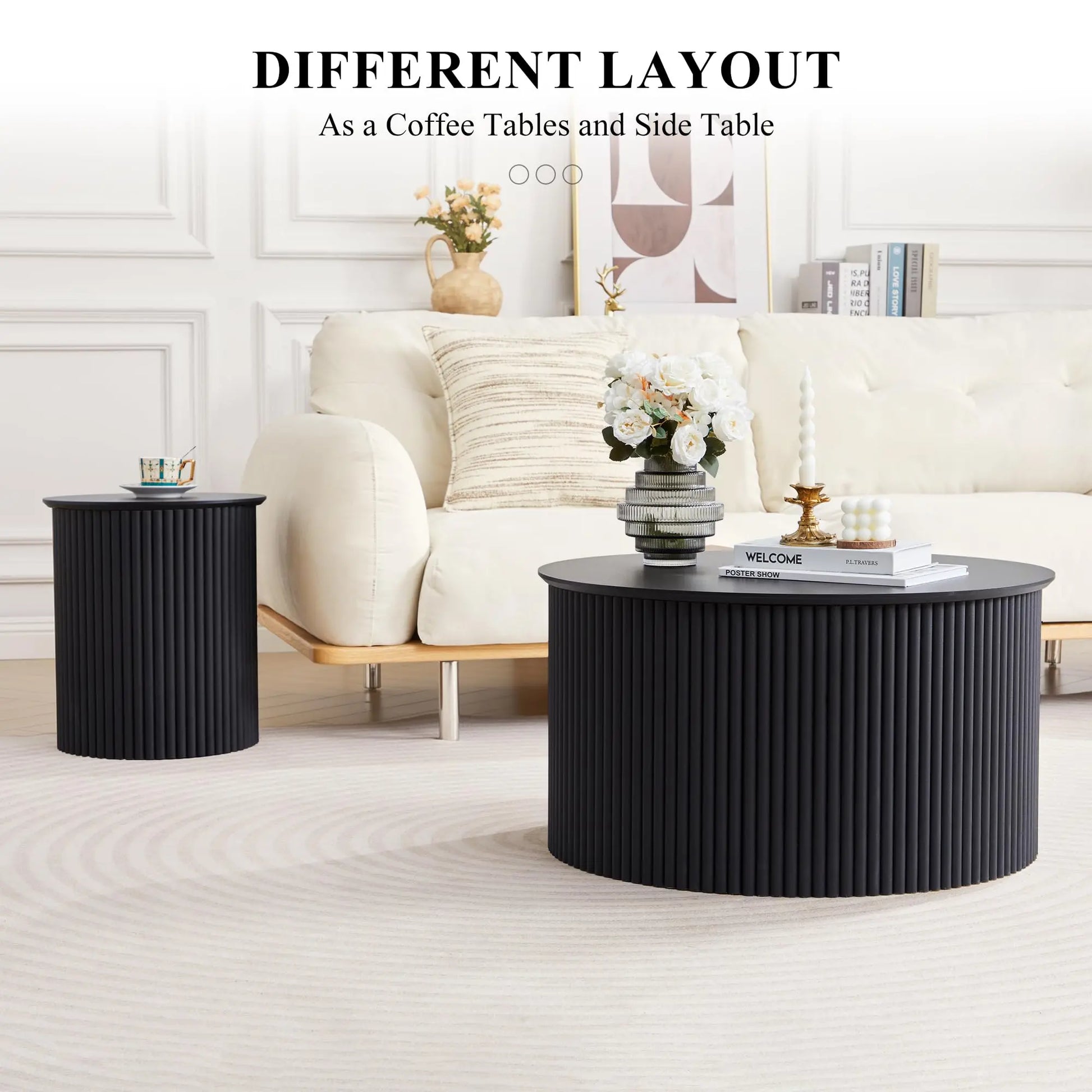 Giratree Fluted round Nesting Coffee Table Set of 2, Mid Century Modern Wood Coffee Tables and End Table Set, Circle Side Table Minimalist Center Tables for Living Room, Office