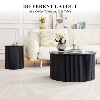 Giratree Fluted round Nesting Coffee Table Set of 2, Mid Century Modern Wood Coffee Tables and End Table Set, Circle Side Table Minimalist Center Tables for Living Room, Office