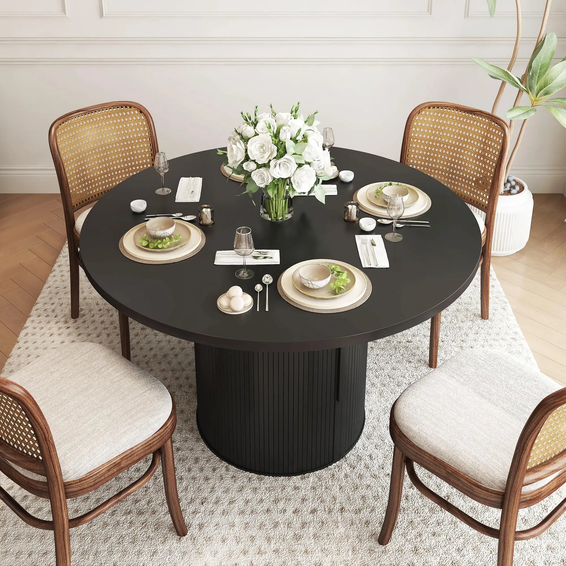 Giratree 47 Inch round Dining Table for 4, Kitchen Table Dinner Table with 2-Layer Storage Shelf and Wood Slide Door for Home Dining Room Living Room