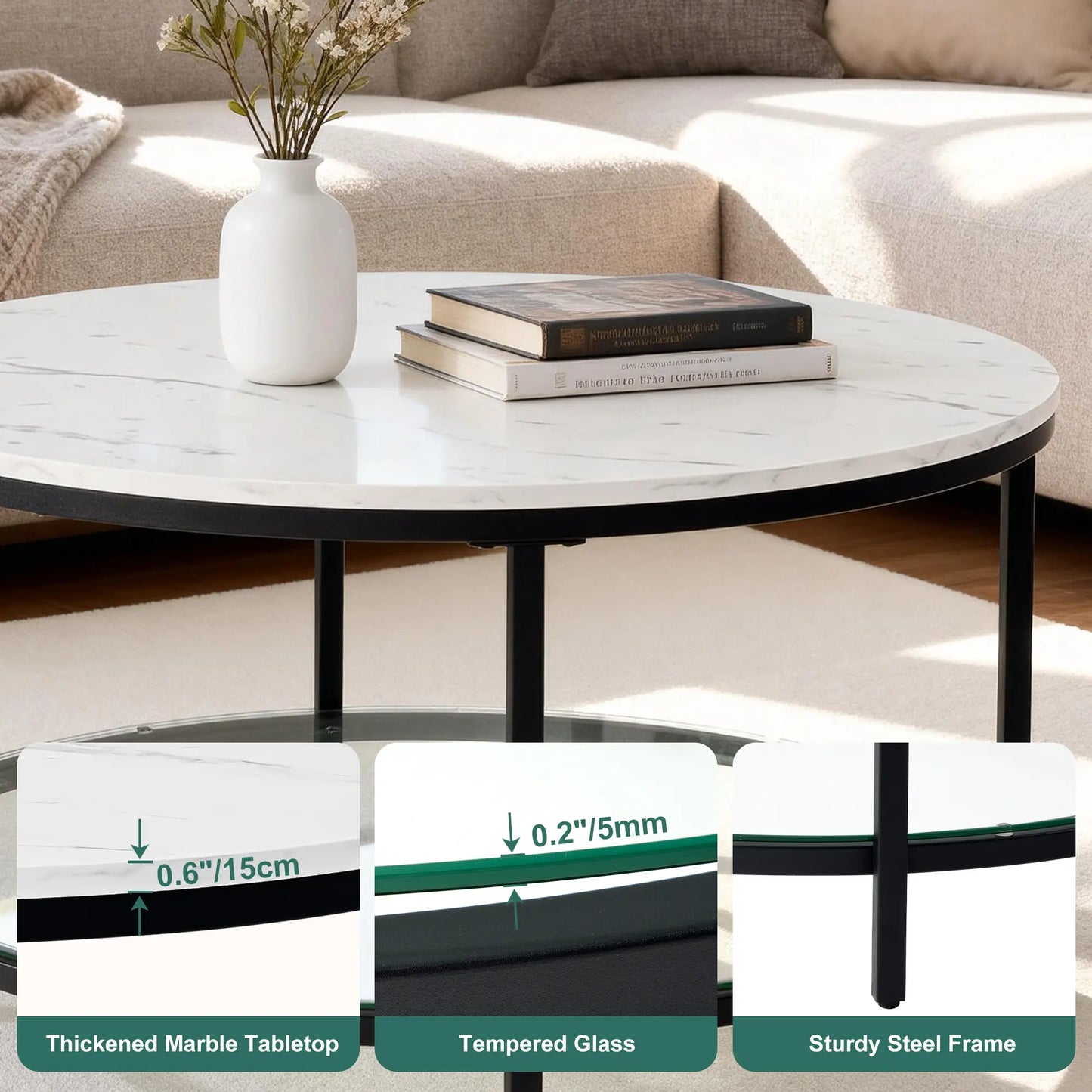 Marble round Coffee Table with Glass for Living Room, 2-Tier Circle Coffee Table with Storage Clear Coffee Table