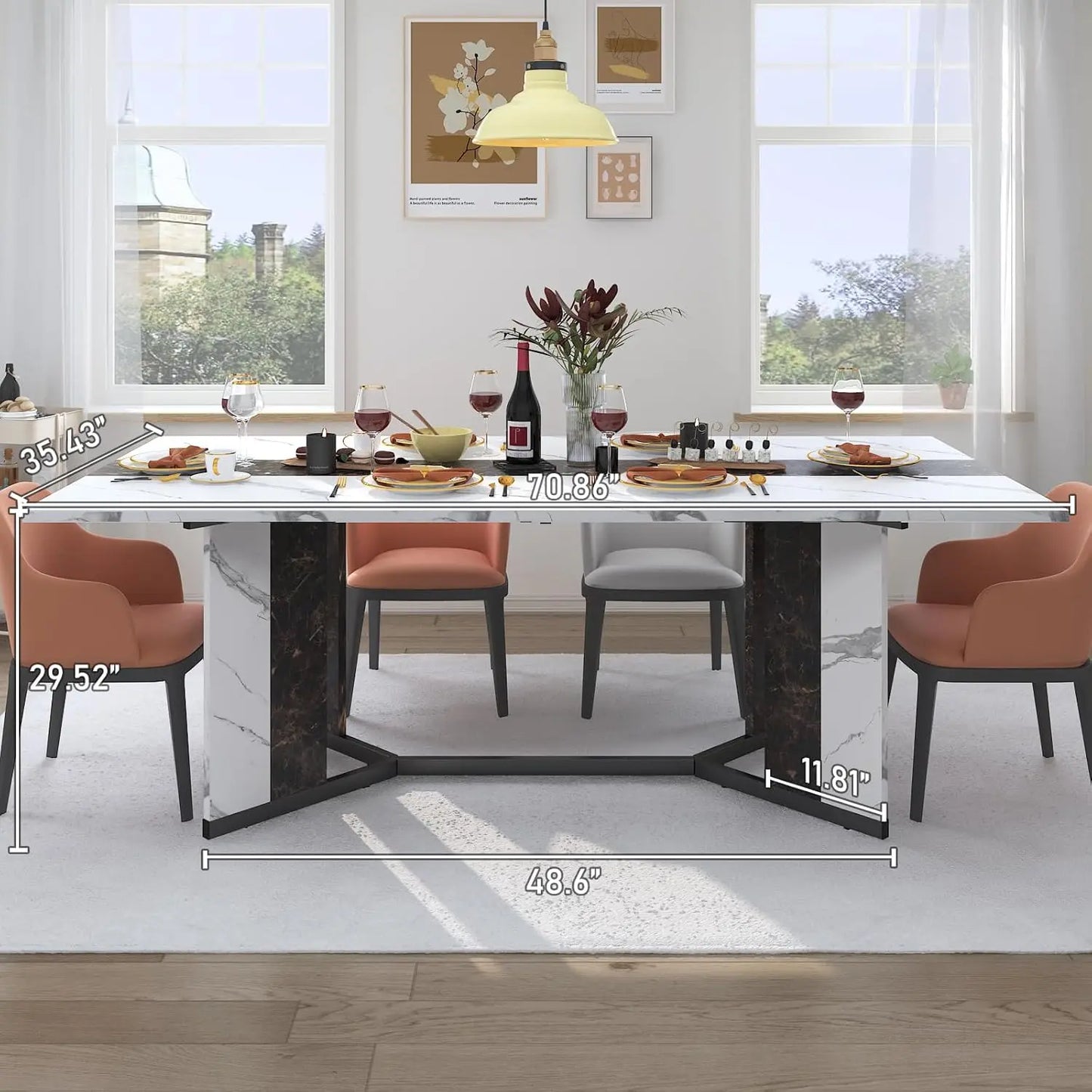 94In/78In/71In Large Rectangular Brown Dining Table for 4 5 6 7 8 People W/35 Marble-Color Wood Watrproof Tabletop,Adjustable Leg.6Ft Luxurious Family Dinner Table for Office Kitchen Living Room (Not Included Chair)