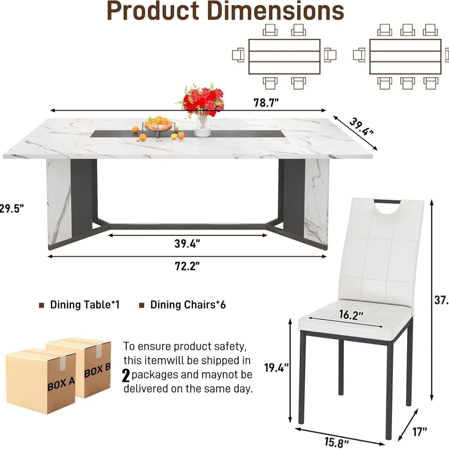 94In/78In/71In Large Rectangular Brown Dining Table for 4 5 6 7 8 People W/35 Marble-Color Wood Watrproof Tabletop,Adjustable Leg.6Ft Luxurious Family Dinner Table for Office Kitchen Living Room (Not Included Chair)