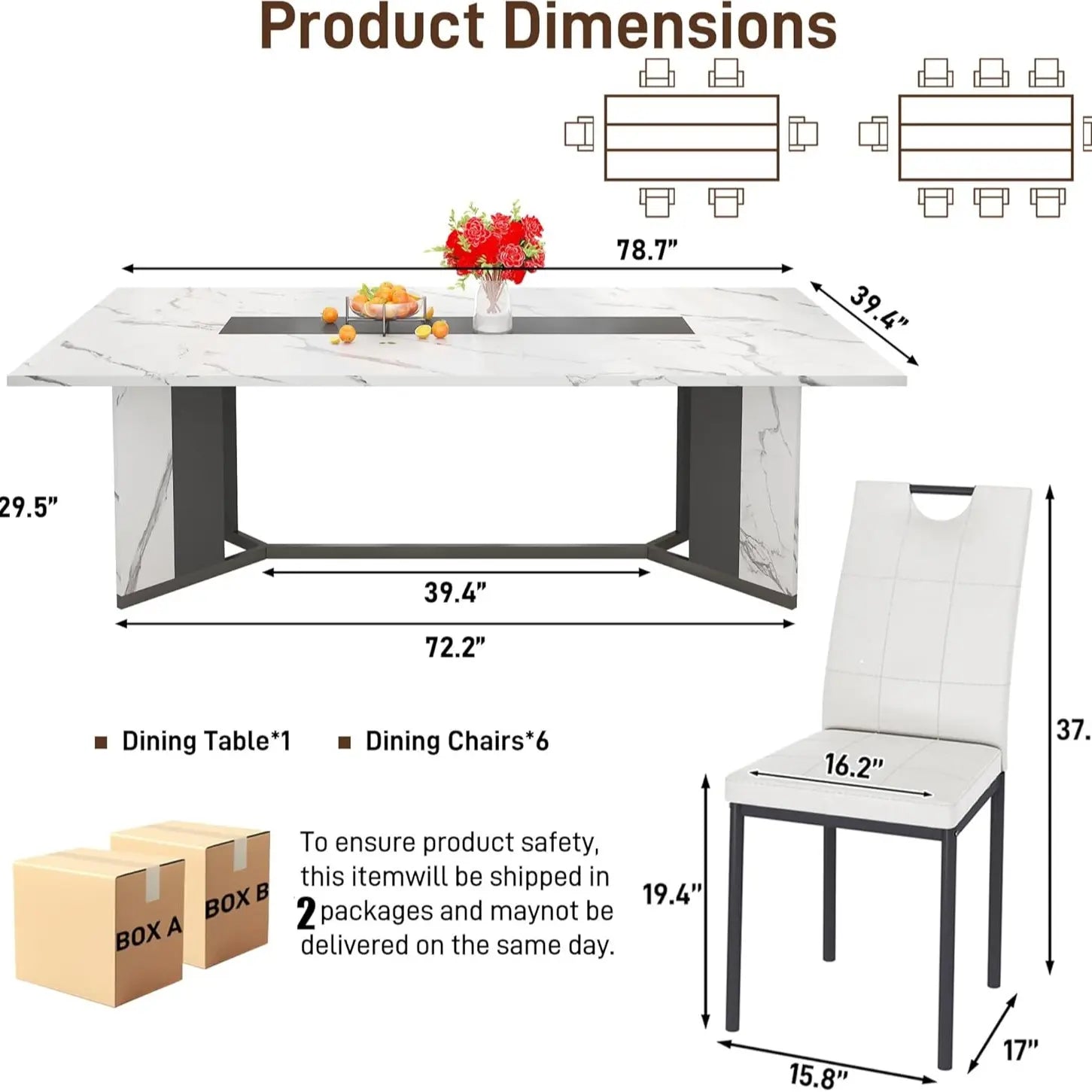 94In/78In/71In Large Rectangular Brown Dining Table for 4 5 6 7 8 People W/35 Marble-Color Wood Watrproof Tabletop,Adjustable Leg.6Ft Luxurious Family Dinner Table for Office Kitchen Living Room (Not Included Chair)