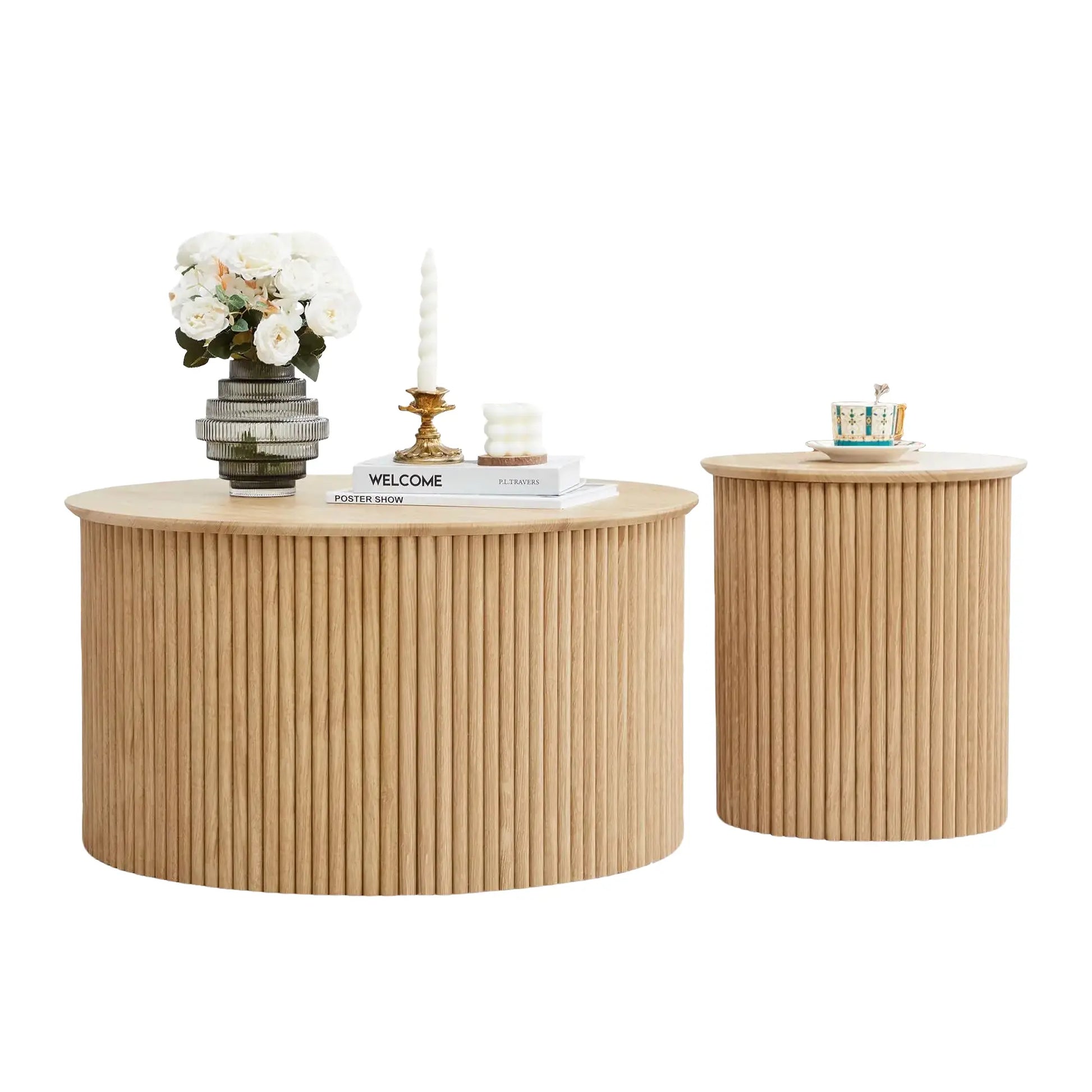 Giratree Fluted round Nesting Coffee Table Set of 2, Mid Century Modern Wood Coffee Tables and End Table Set, Circle Side Table Minimalist Center Tables for Living Room, Office