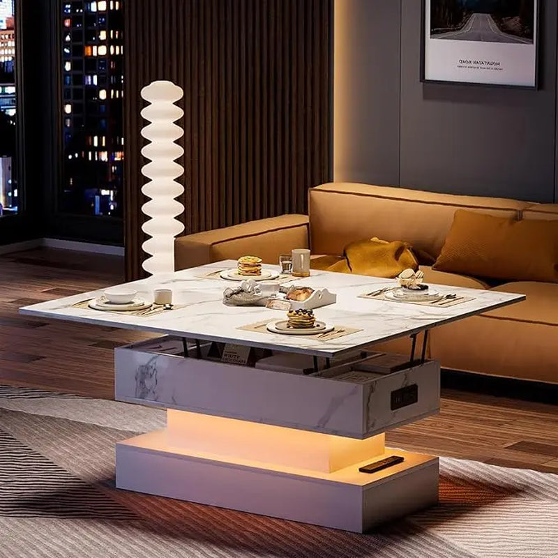 LED Lift Top Coffee Table with Charging Station, Modern High Glossy Coffee Table with LED Light, 3 in 1 Multifunctional Coffee Table with Storage & Hidden Compartments for Living Room,Furniture Marble Tabletop Adjustable Coffee Table