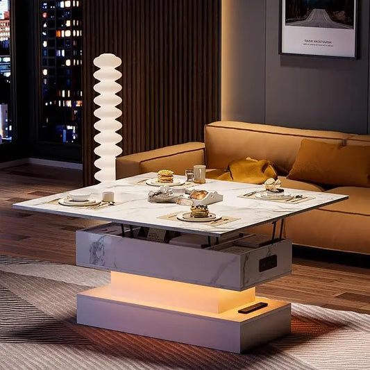LED Lift Top Coffee Table with Charging Station, Modern High Glossy Coffee Table with LED Light, 3 in 1 Multifunctional Coffee Table with Storage & Hidden Compartments for Living Room,Furniture Marble Tabletop Adjustable Coffee Table