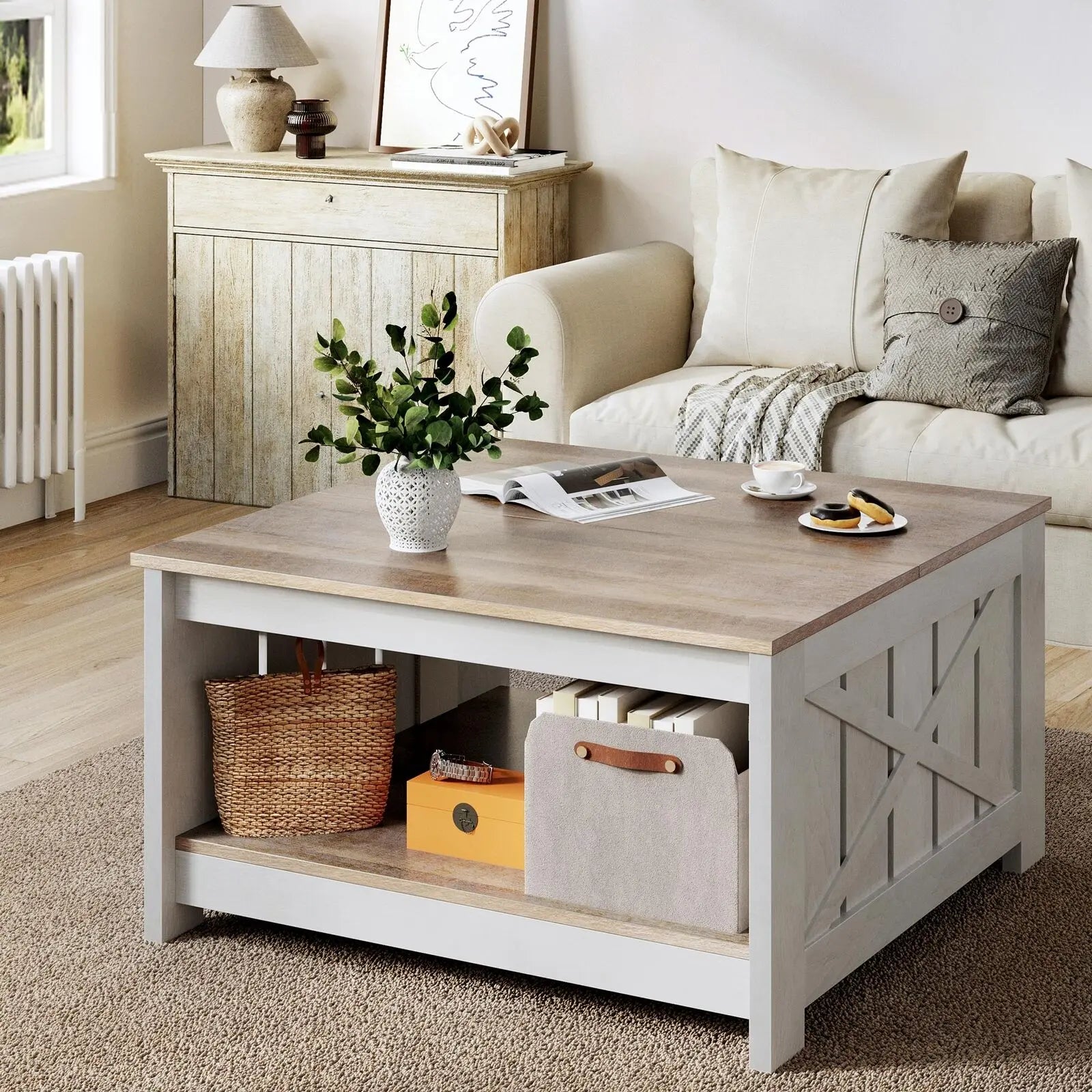 Yitahome Farmhouse Coffee Table with Storage, Square Wood Modern Rustic Coffee Table for Living Room,Grey Wash Coffee Tables,Coffee Table with Half Open Storage Compartment