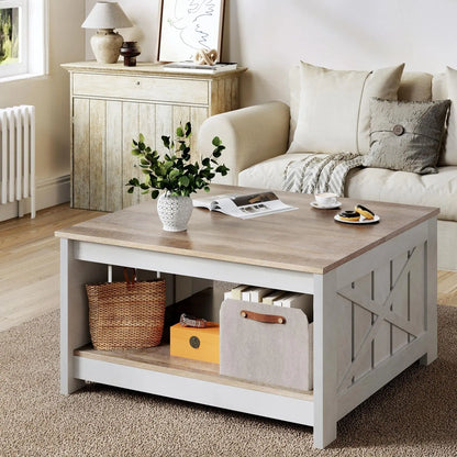 Yitahome Farmhouse Coffee Table with Storage, Square Wood Modern Rustic Coffee Table for Living Room,Grey Wash Coffee Tables,Coffee Table with Half Open Storage Compartment