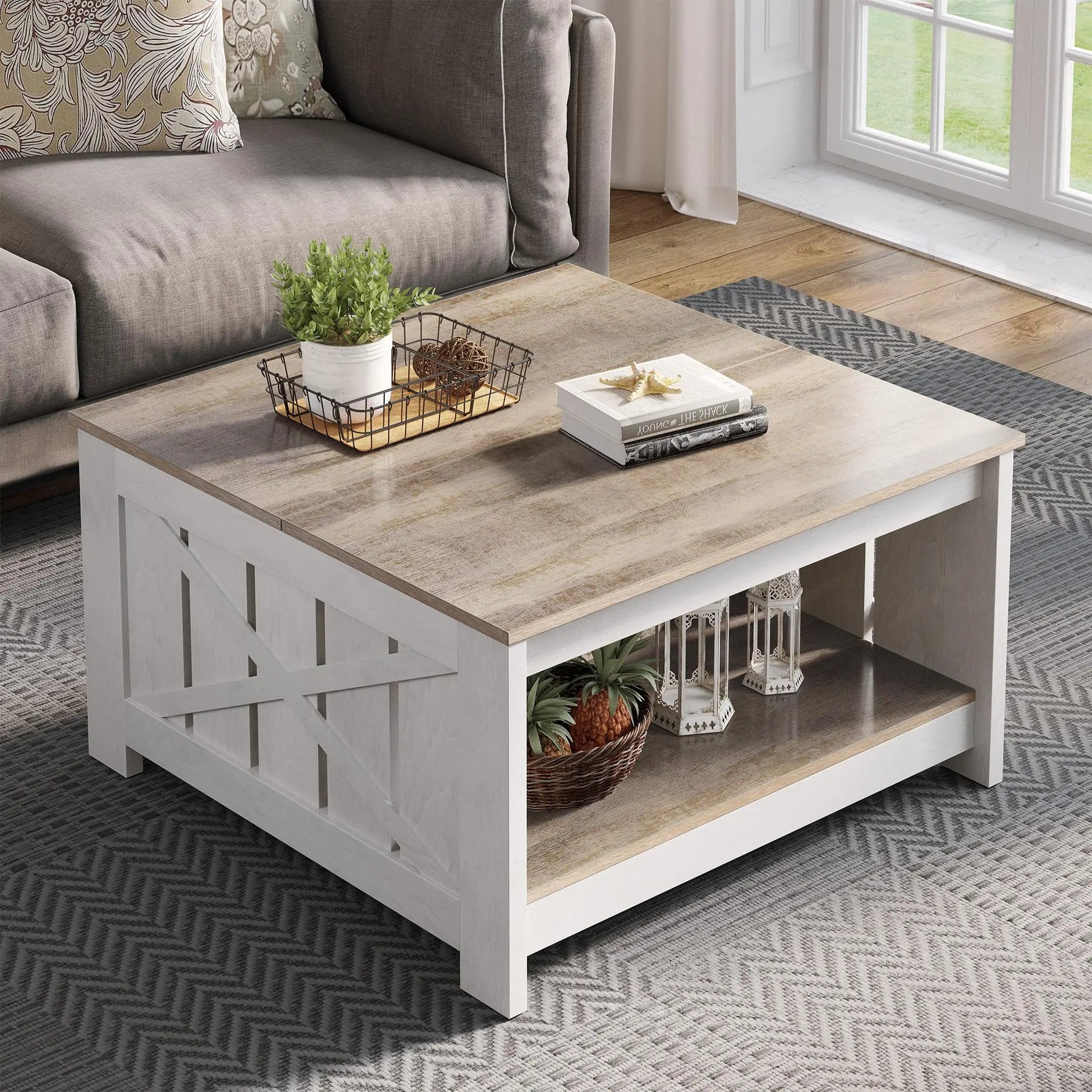 Yitahome Farmhouse Coffee Table with Storage, Square Wood Modern Rustic Coffee Table for Living Room,Grey Wash Coffee Tables,Coffee Table with Half Open Storage Compartment