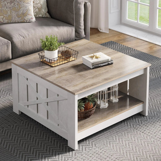 Yitahome Farmhouse Coffee Table with Storage, Square Wood Modern Rustic Coffee Table for Living Room,Grey Wash Coffee Tables,Coffee Table with Half Open Storage Compartment