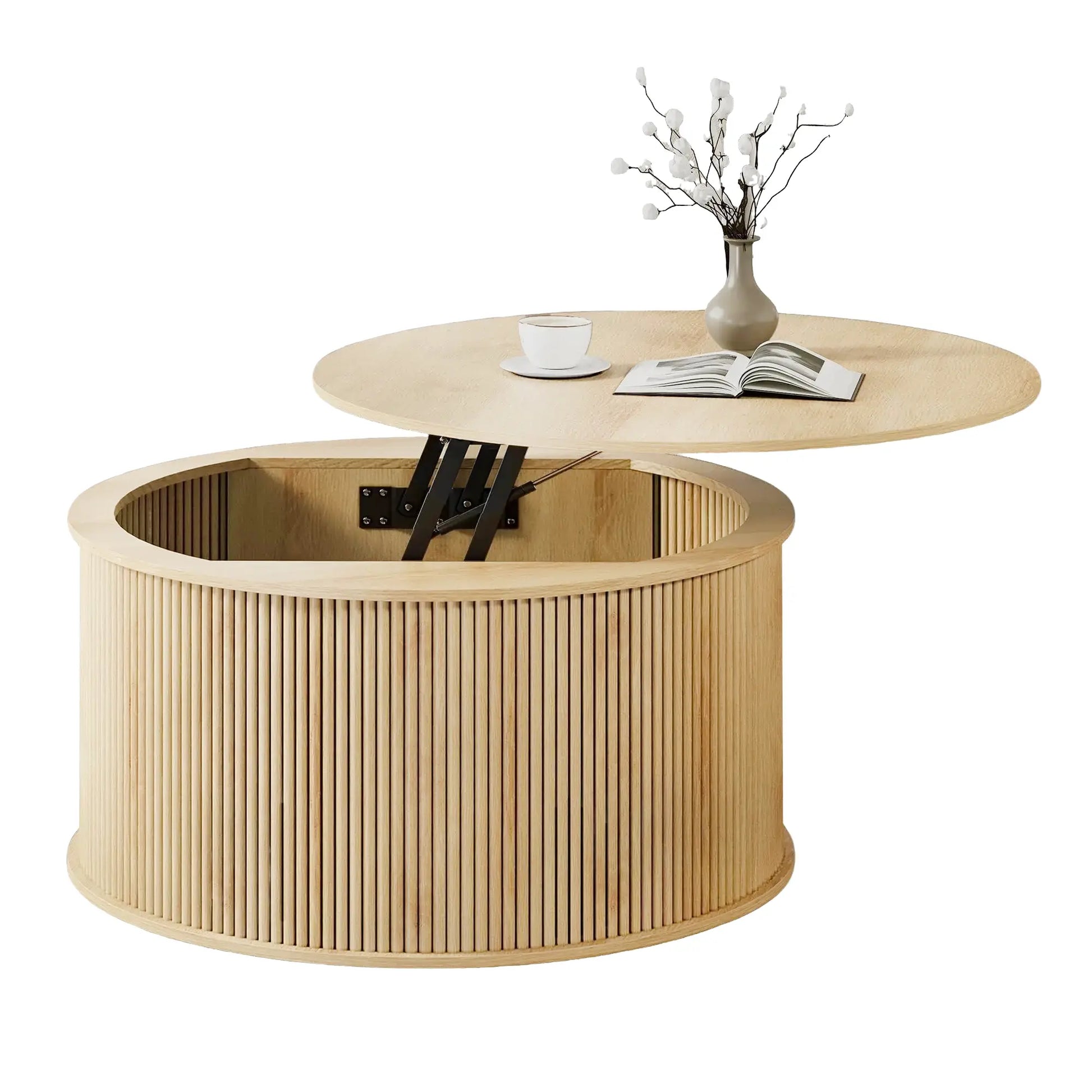 Giratree 31.58" round Coffee Table, Lift Top Coffee Table with Storage, Farmhouse Fluted Center Table Circle Dining Table for Living Room, Reception Room, Home Office