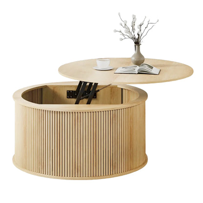 Giratree 31.58" round Coffee Table, Lift Top Coffee Table with Storage, Farmhouse Fluted Center Table Circle Dining Table for Living Room, Reception Room, Home Office
