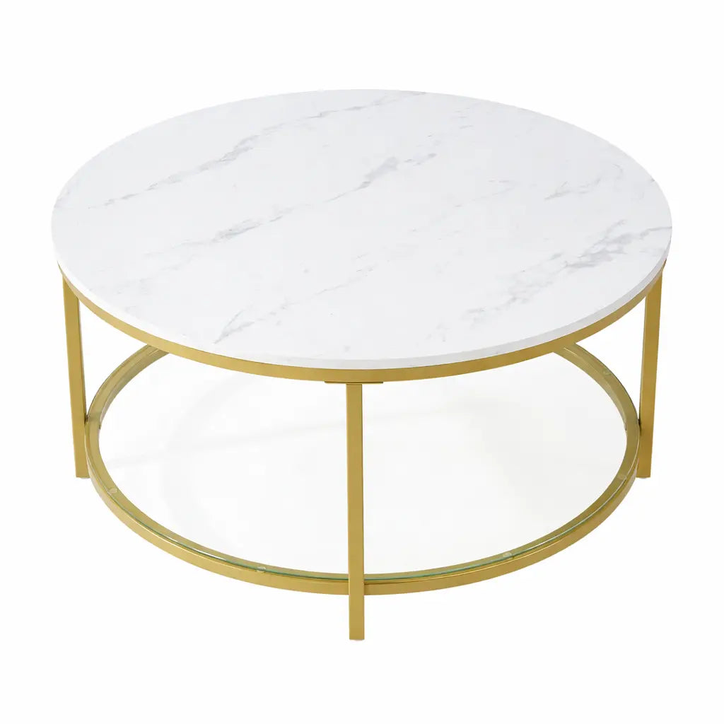 Marble round Coffee Table with Glass for Living Room, 2-Tier Circle Coffee Table with Storage Clear Coffee Table
