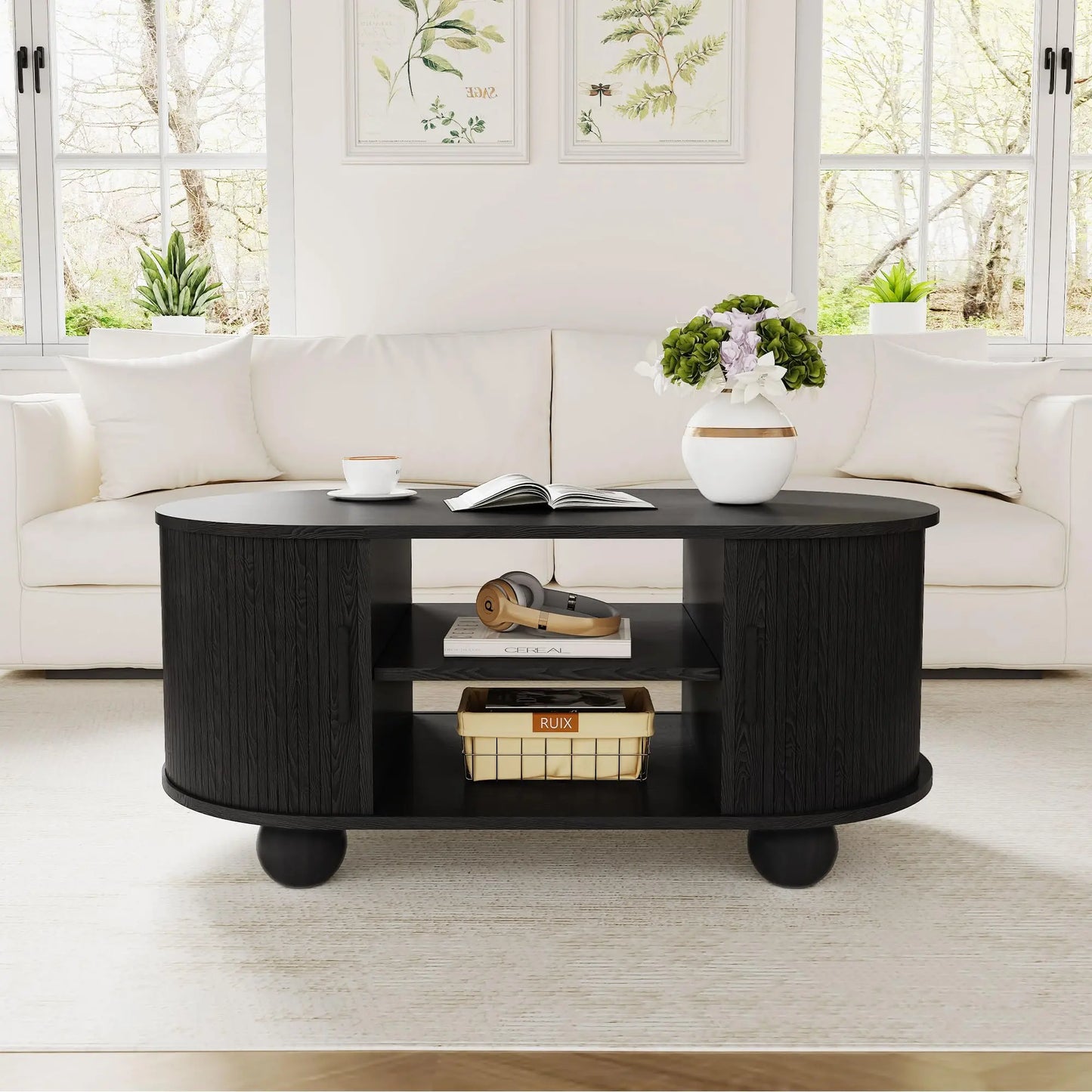 Giratree Oval Coffee Table, Mid-Century Modern Coffee Table with Storage & Sliding Doors, Fluted Coffee Table Center Table for Living Room, Dining Room, Apartment, Home Office