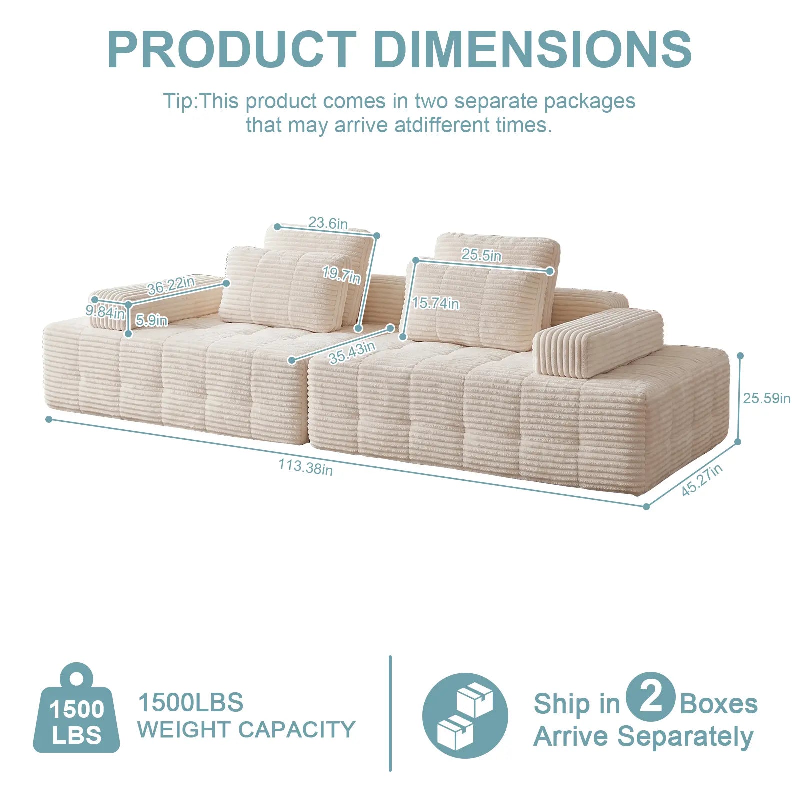 【2 Packages Shipping】Oversized Corduroy Cloud Modular Sectional Sofa, Vacuum Compressed Pet Friendly Boneless Cloud Couch, Cozy Comfy Loveseat Sofa, Ideal for Living Room & Small Apartment, Free Gifts Included, Summer Vibe Home Furniture